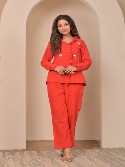 Red Frill Hand Embroidery cotton linen coord set
