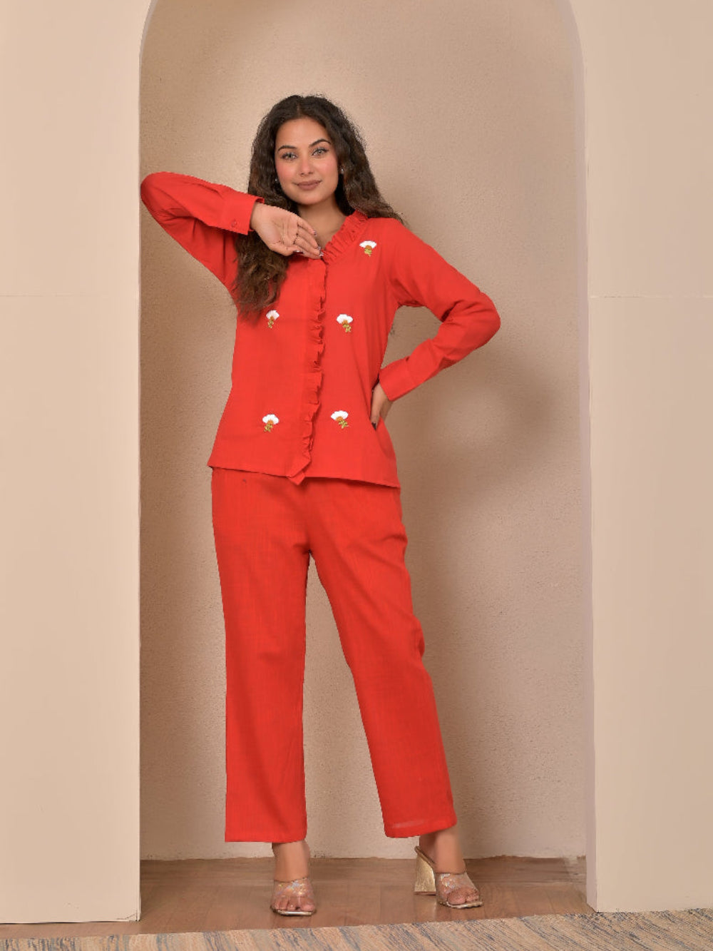 Red Frill Hand Embroidery cotton linen coord set