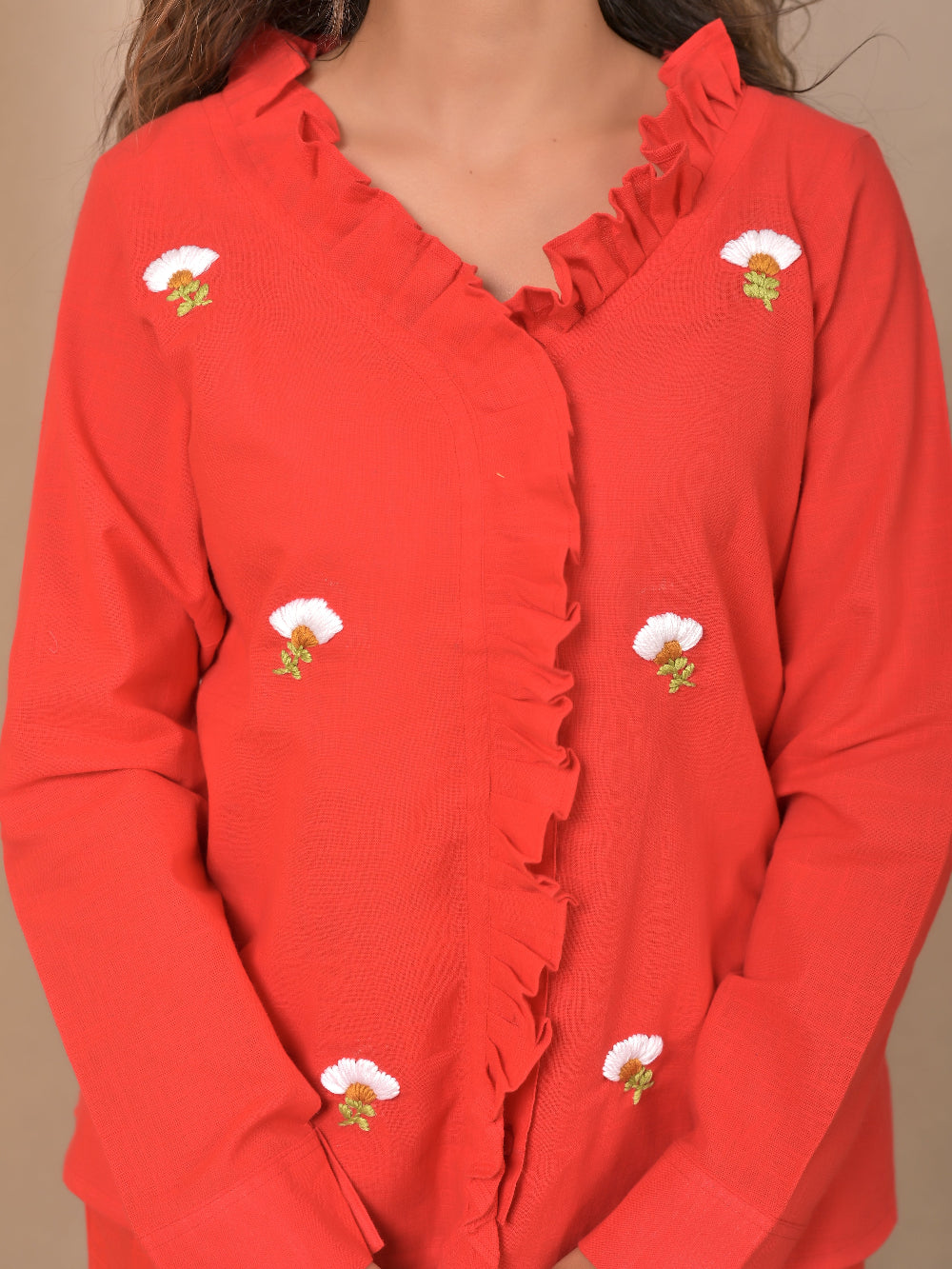 Red Frill Hand Embroidery cotton linen coord set