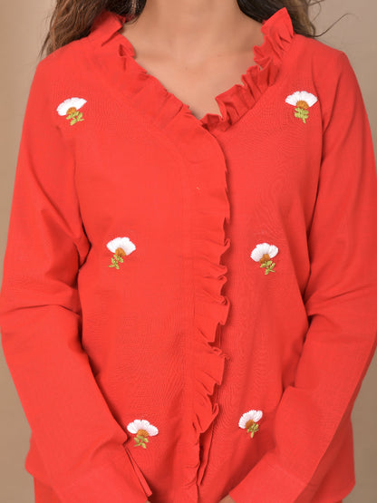 Red Frill Hand Embroidery cotton linen coord set