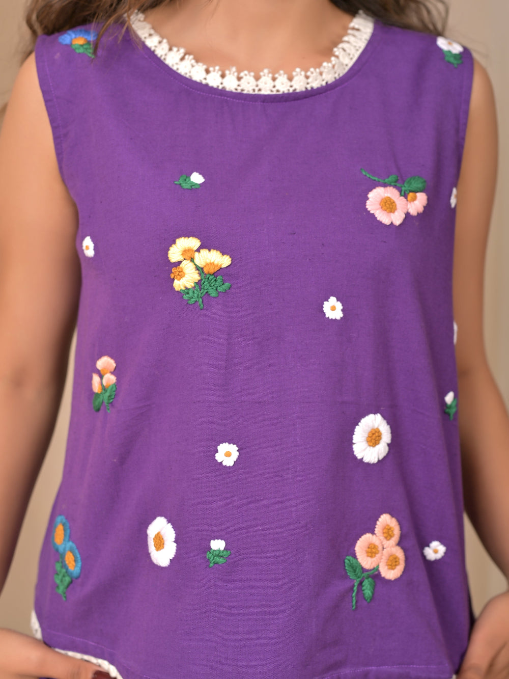 Purple cotton linen hand embroidery shorts and top set