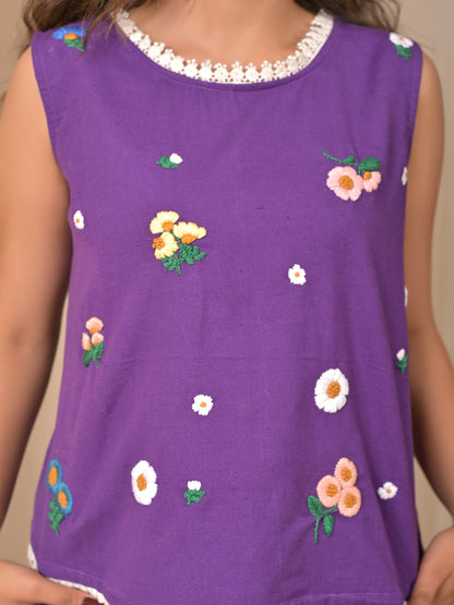 Purple cotton linen hand embroidery shorts and top set
