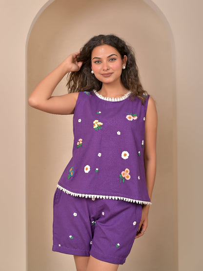 Purple cotton linen hand embroidery shorts and top set