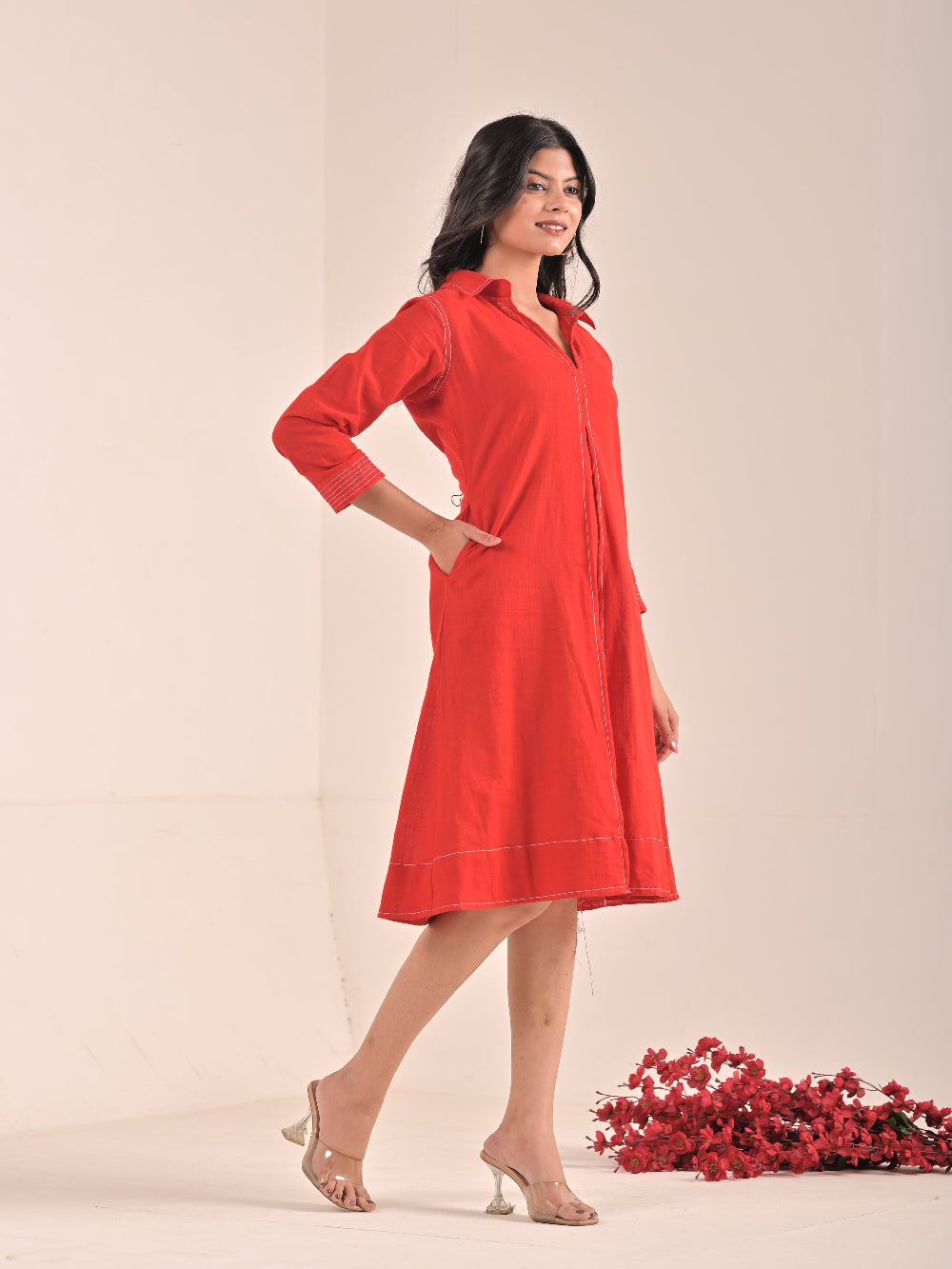 Red Cotton Linen Dress