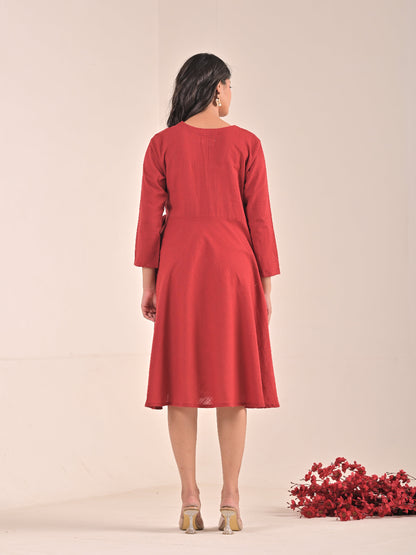 Maroon Cotton Linen hand embroidery Anrakha Dress