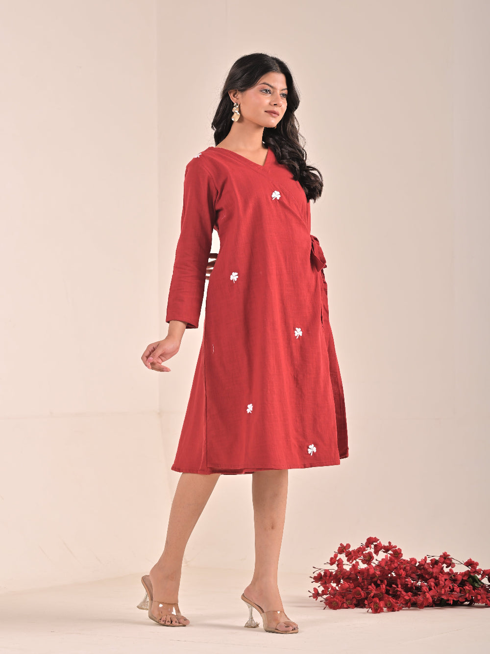 Maroon Cotton Linen hand embroidery Anrakha Dress