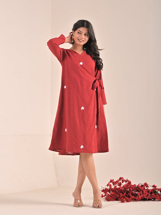 Maroon Cotton Linen hand embroidery Anrakha Dress