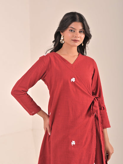 Maroon Cotton Linen hand embroidery Anrakha Dress