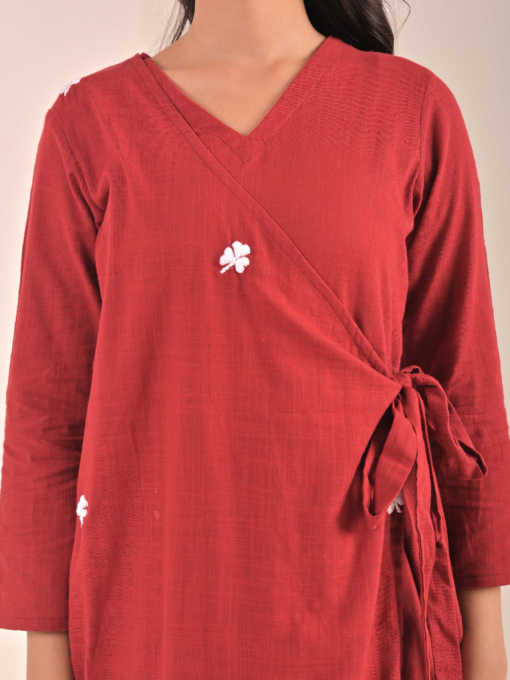 Maroon Cotton Linen hand embroidery Anrakha Dress