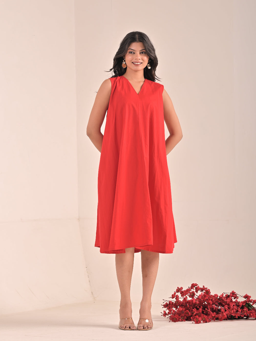 Sleevless Red Cotton Poplin Dress
