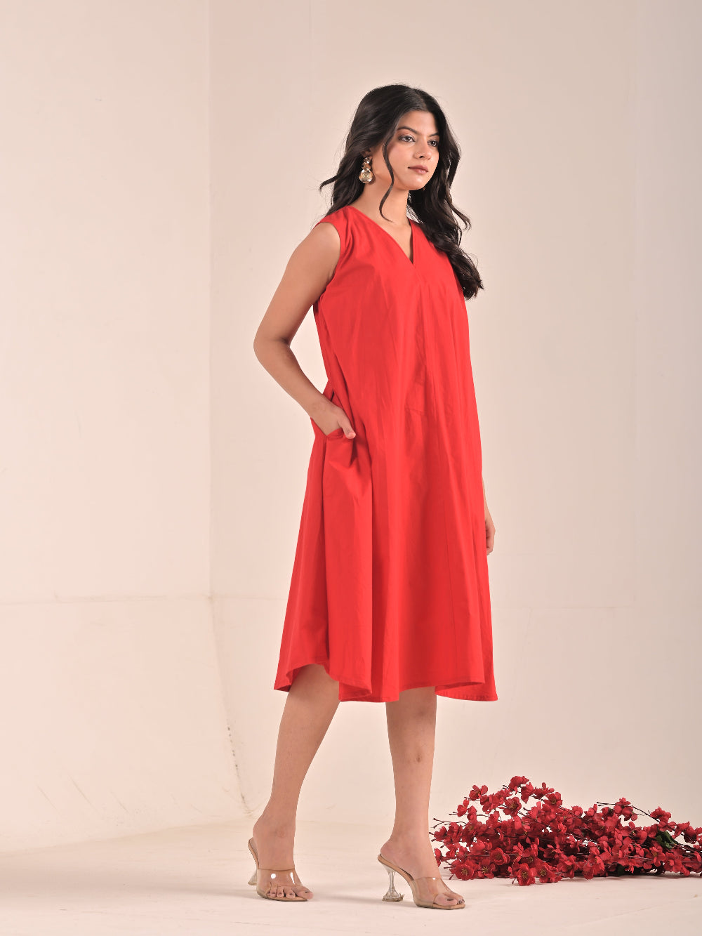 Sleevless Red Cotton Poplin Dress