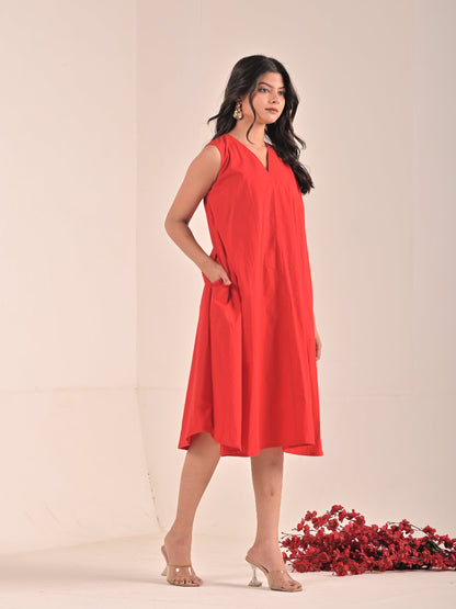 Sleevless Red Cotton Poplin Dress