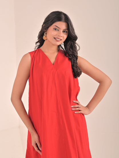 Sleevless Red Cotton Poplin Dress
