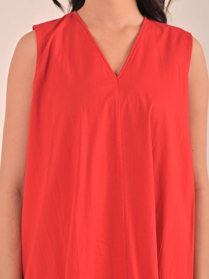 Sleevless Red Cotton Poplin Dress