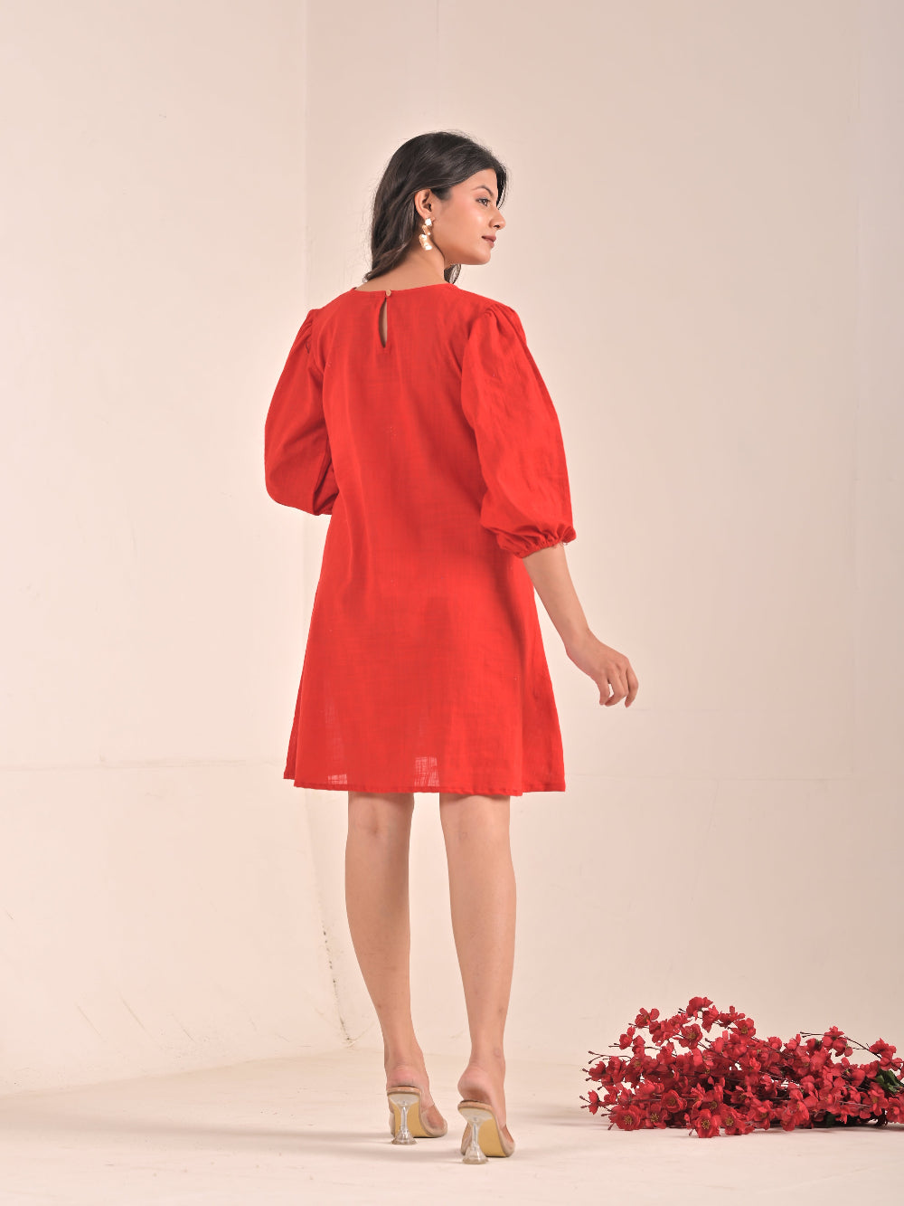 Short Hand embroidery Red Cotton Linen Dress