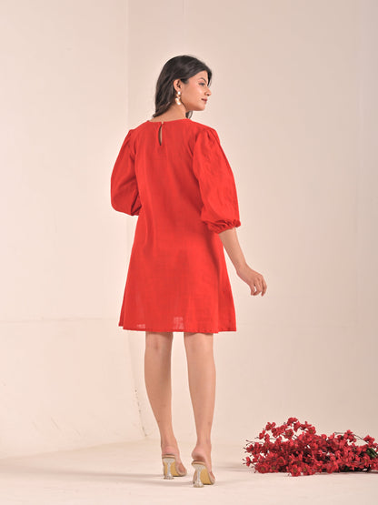 Short Hand embroidery Red Cotton Linen Dress