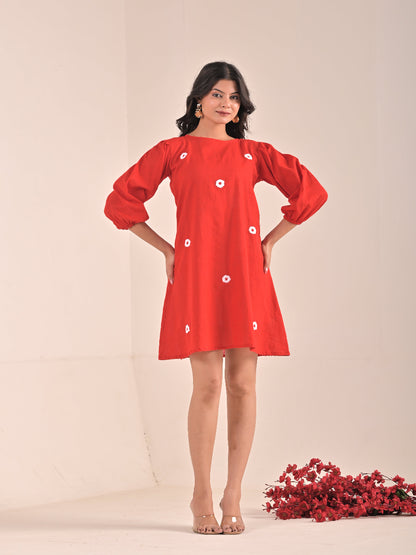 Short Hand embroidery Red Cotton Linen Dress