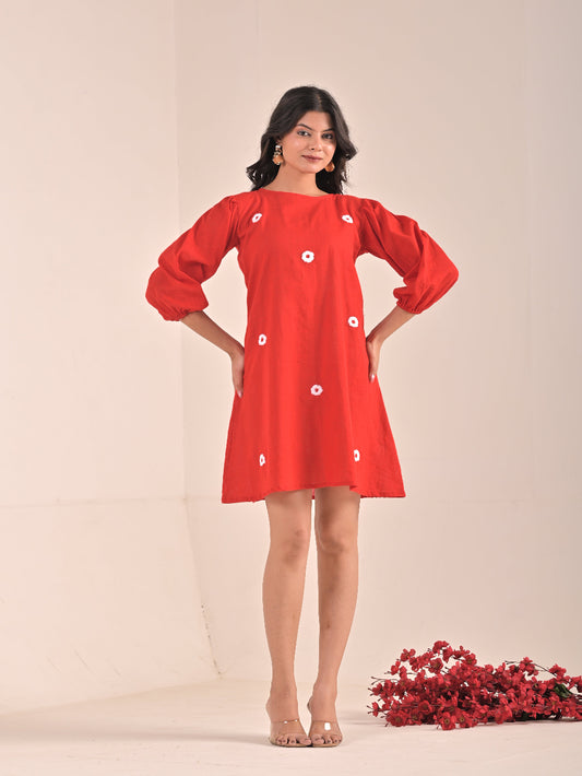 Short Hand embroidery Red Cotton Linen Dress