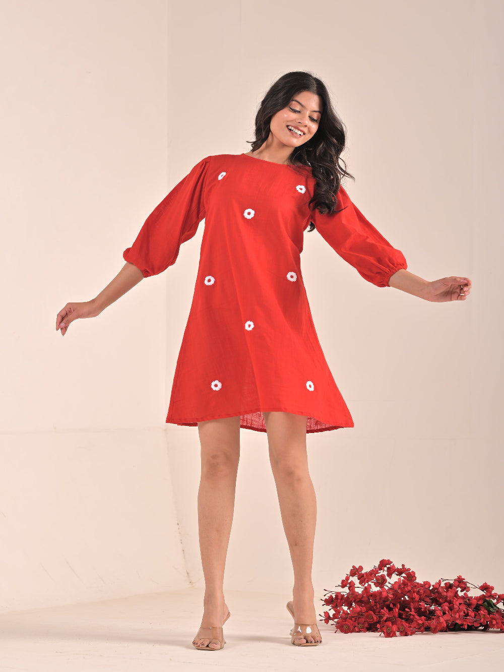 Short Hand embroidery Red Cotton Linen Dress