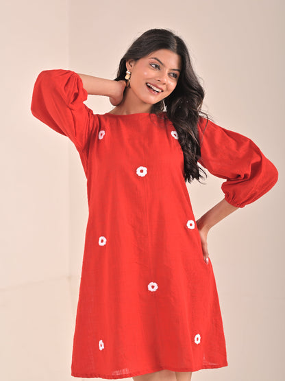 Short Hand embroidery Red Cotton Linen Dress