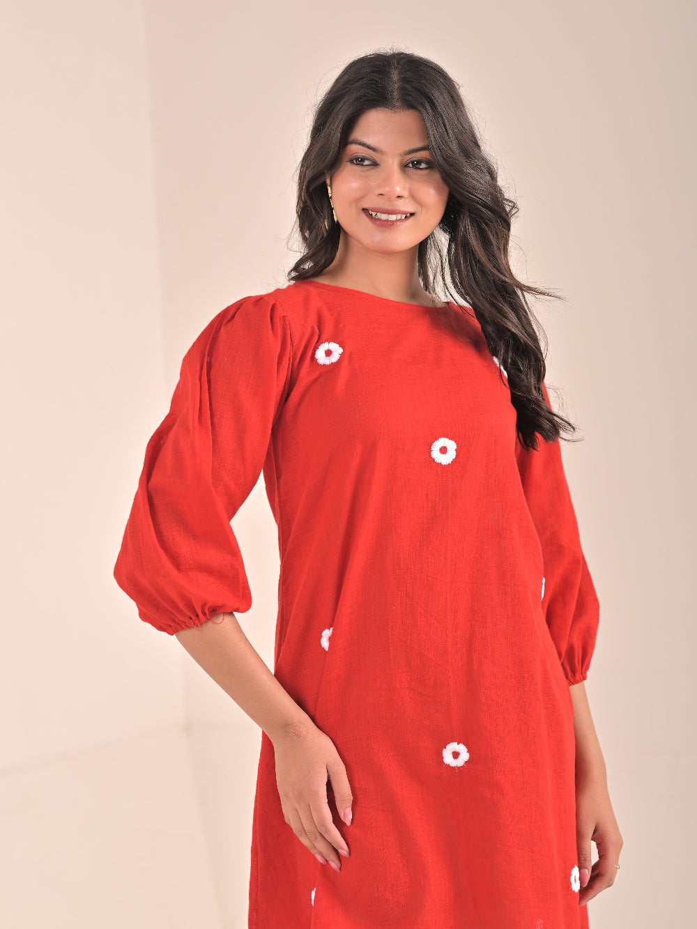 Short Hand embroidery Red Cotton Linen Dress