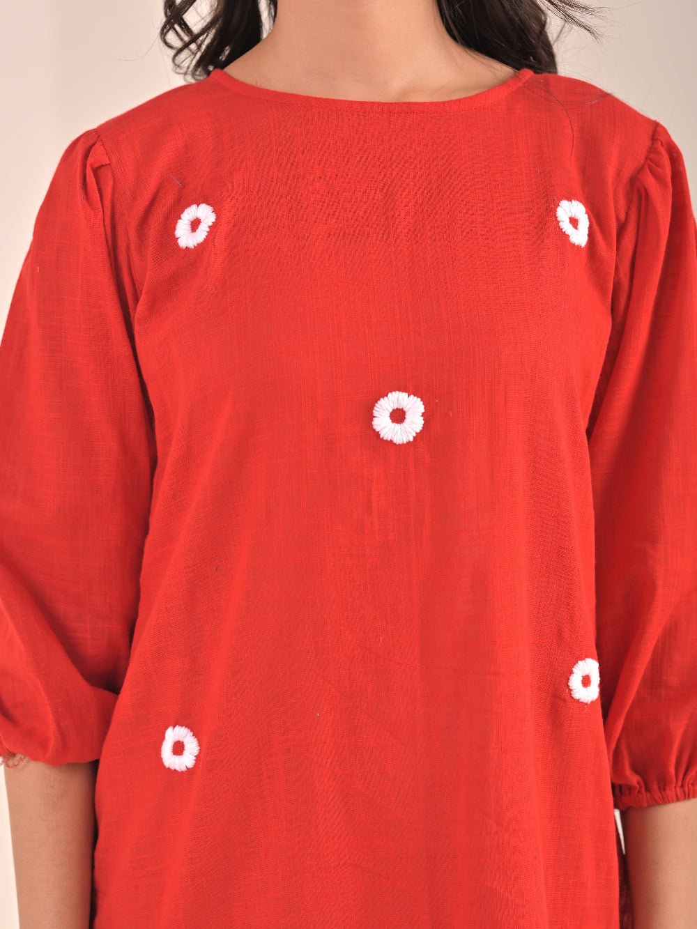 Short Hand embroidery Red Cotton Linen Dress