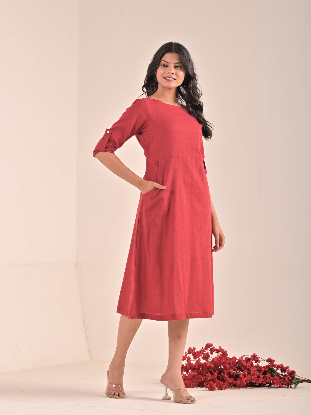 Maroon front pocket cotton linen dress