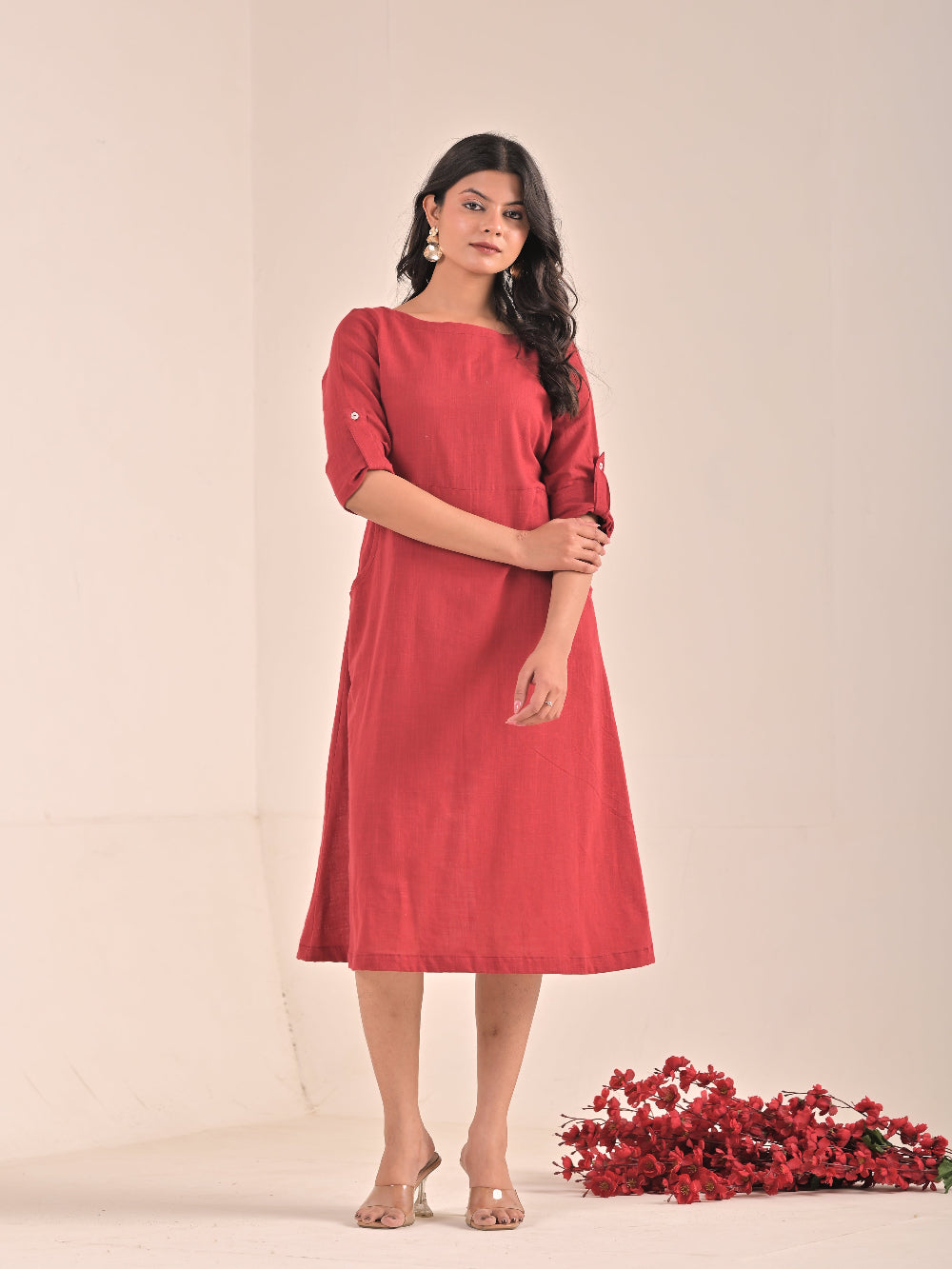 Maroon front pocket cotton linen dress