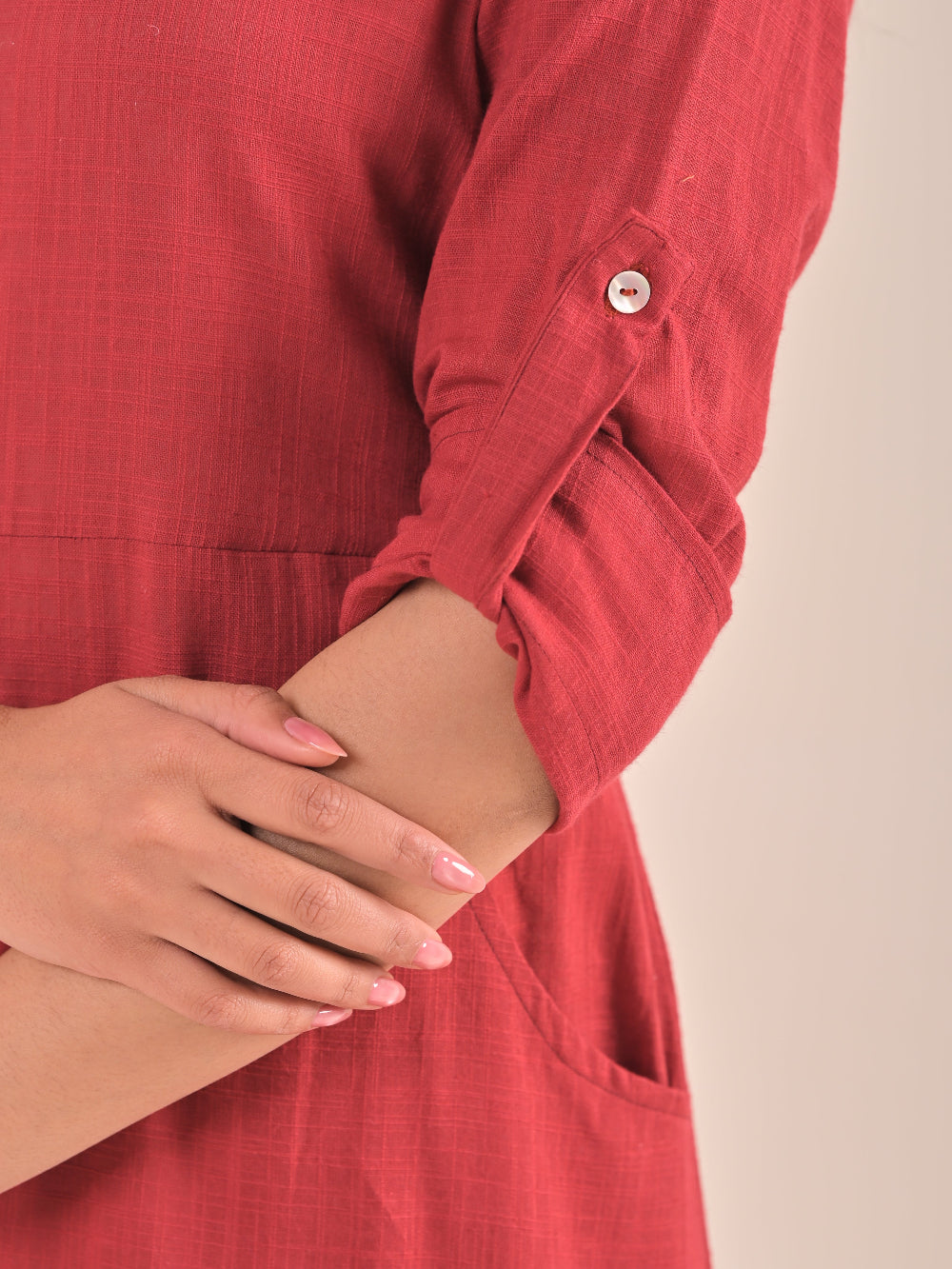 Maroon front pocket cotton linen dress