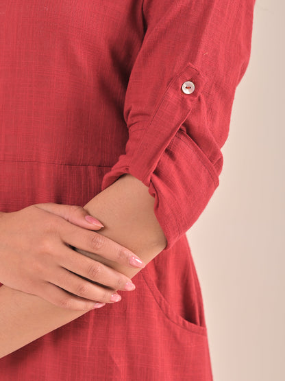 Maroon front pocket cotton linen dress