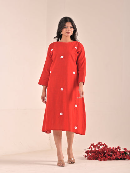 Hand embroidery Red Cotton Linen Dress