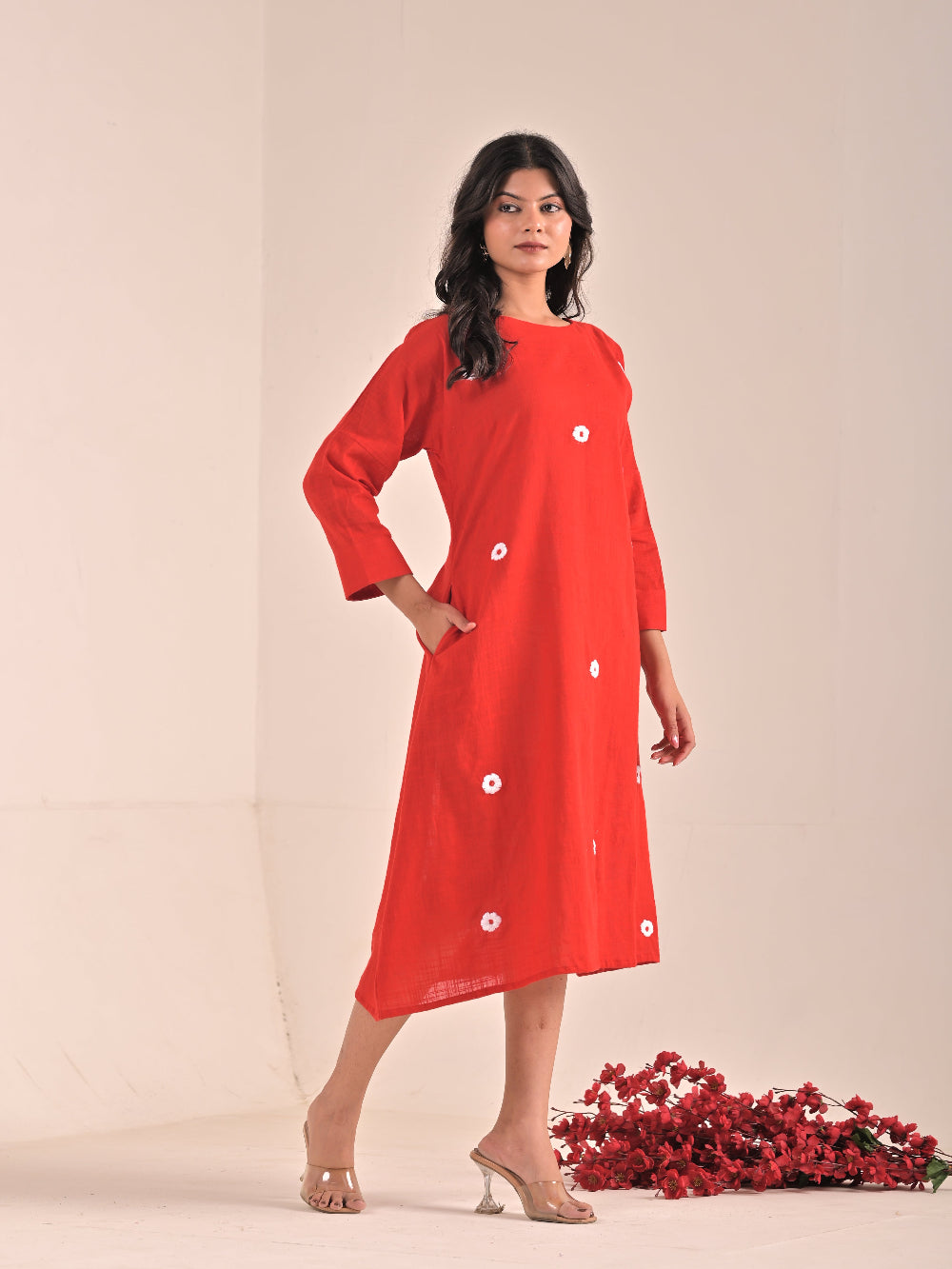 Hand embroidery Red Cotton Linen Dress