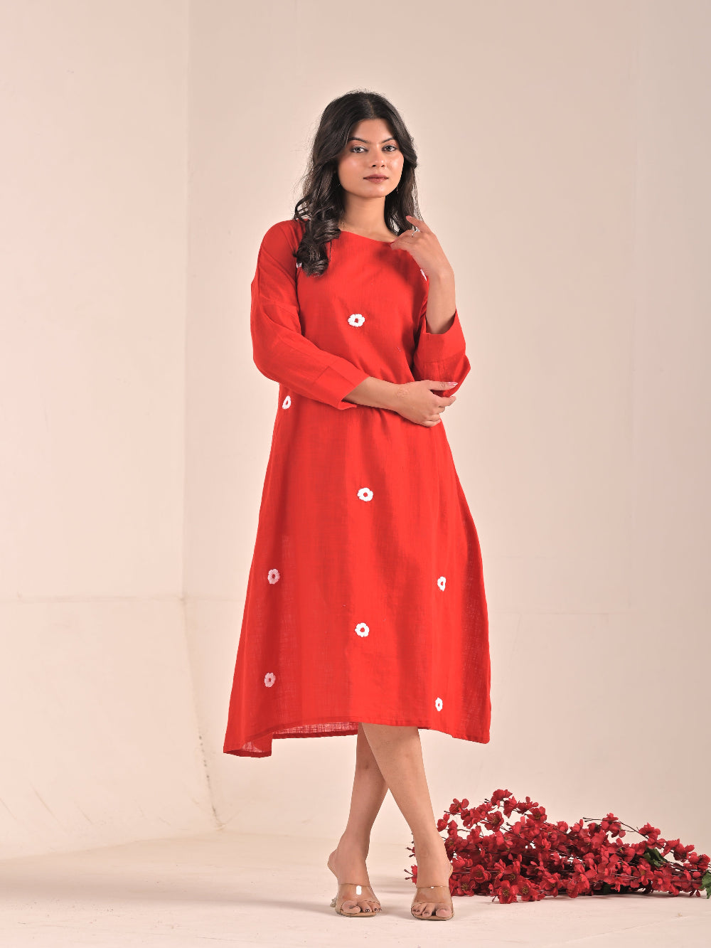 Hand embroidery Red Cotton Linen Dress