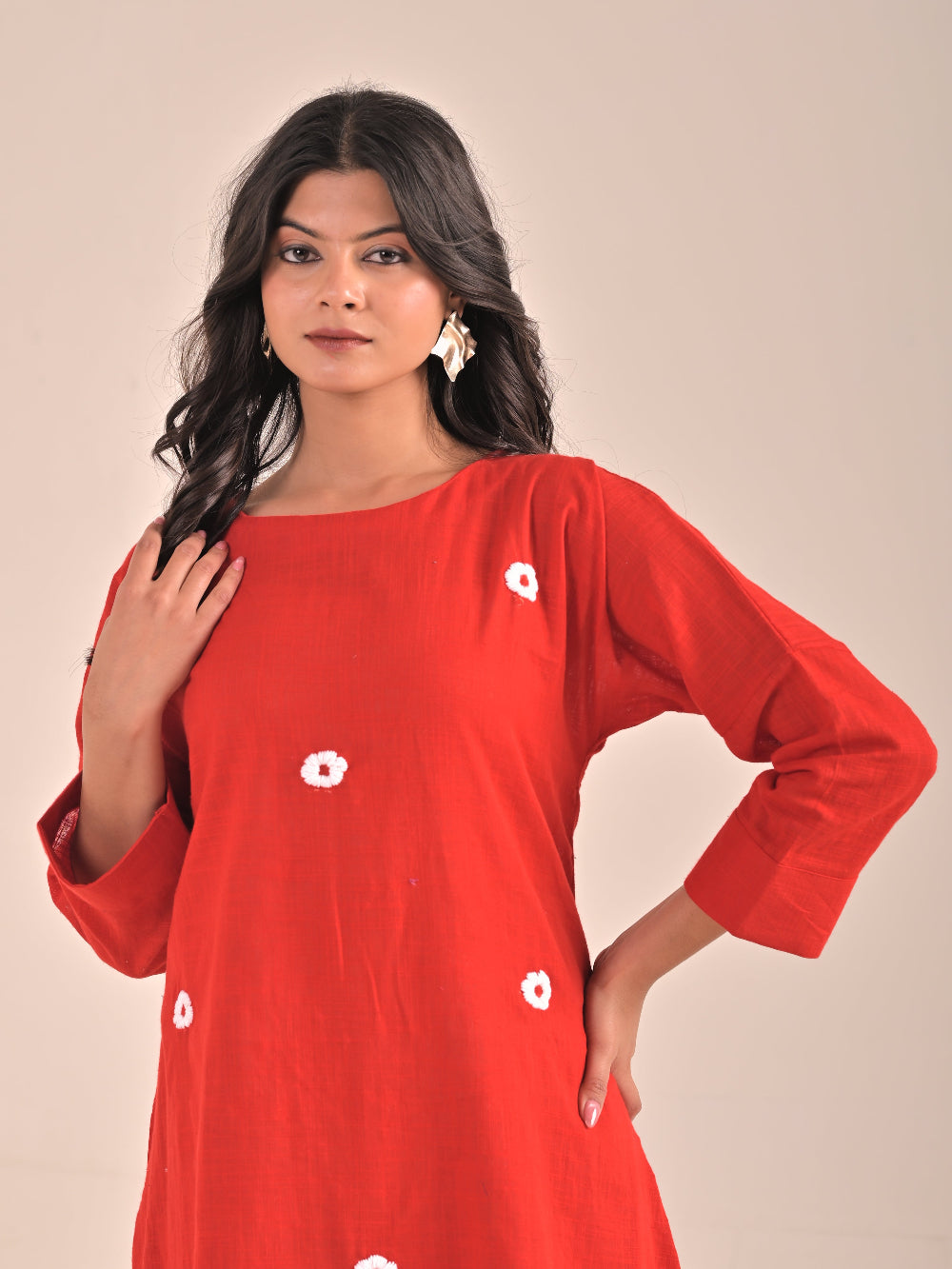 Hand embroidery Red Cotton Linen Dress