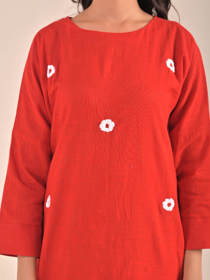 Hand embroidery Red Cotton Linen Dress
