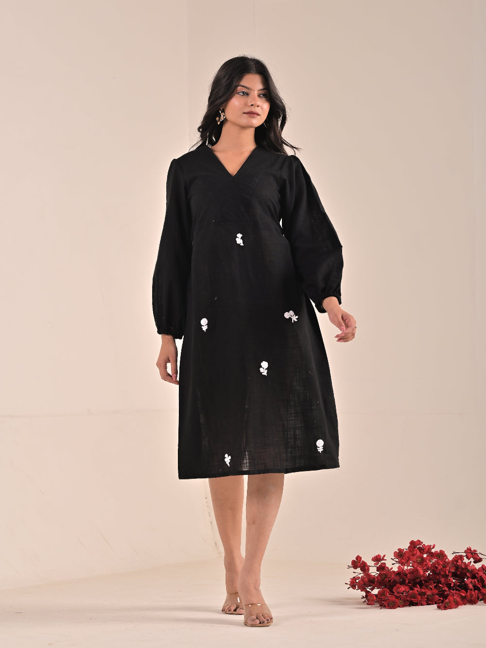 Black Cotton Linen hand embroidery Aline Dress with broad neck