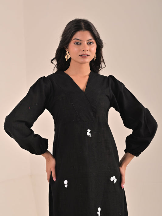 Black Cotton Linen hand embroidery Aline Dress with broad neck
