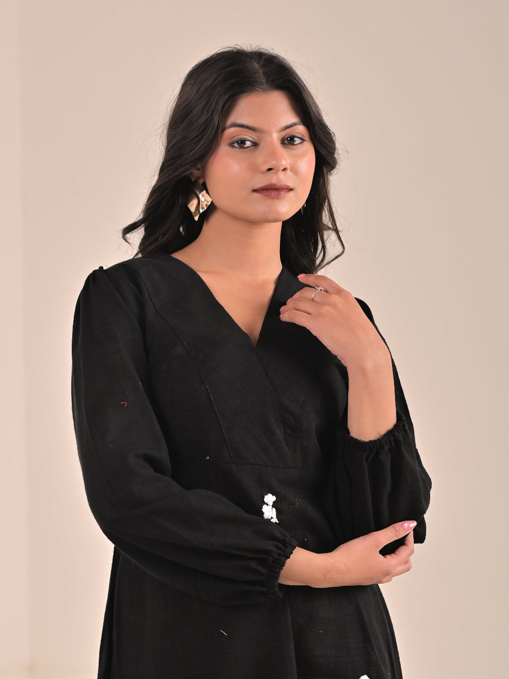 Black Cotton Linen hand embroidery Aline Dress with broad neck