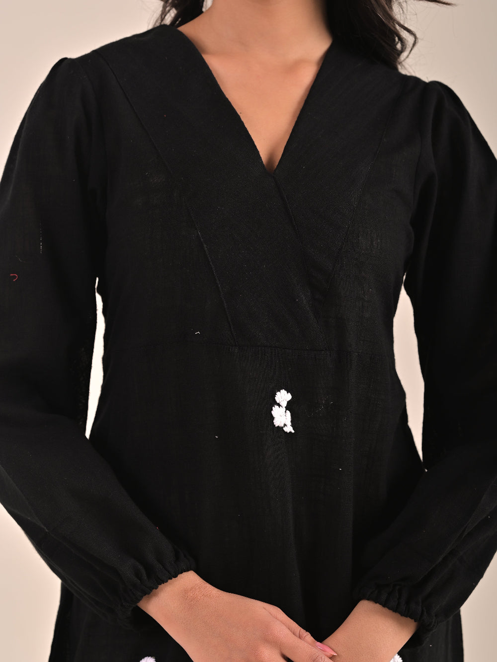 Black Cotton Linen hand embroidery Aline Dress with broad neck