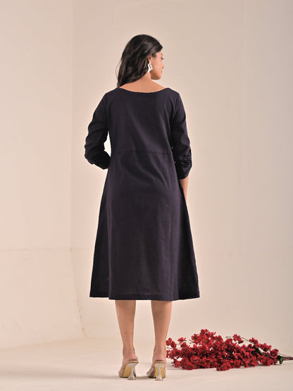 Black Cotton Linen hand embroidery Aline Dress