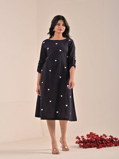 Black Cotton Linen hand embroidery Aline Dress