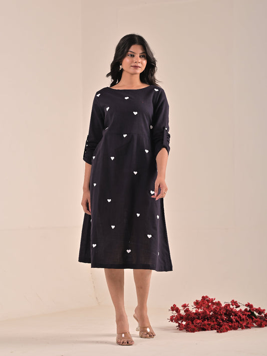 Black Cotton Linen hand embroidery Aline Dress