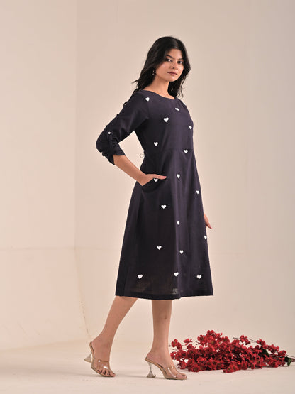 Black Cotton Linen hand embroidery Aline Dress