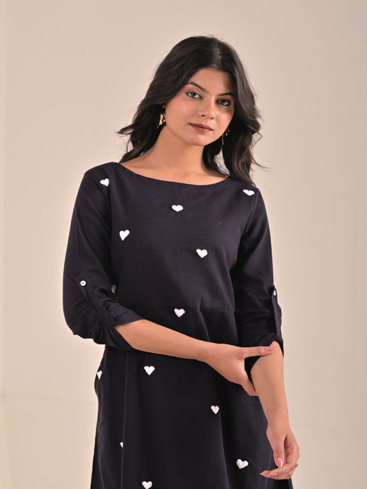 Black Cotton Linen hand embroidery Aline Dress