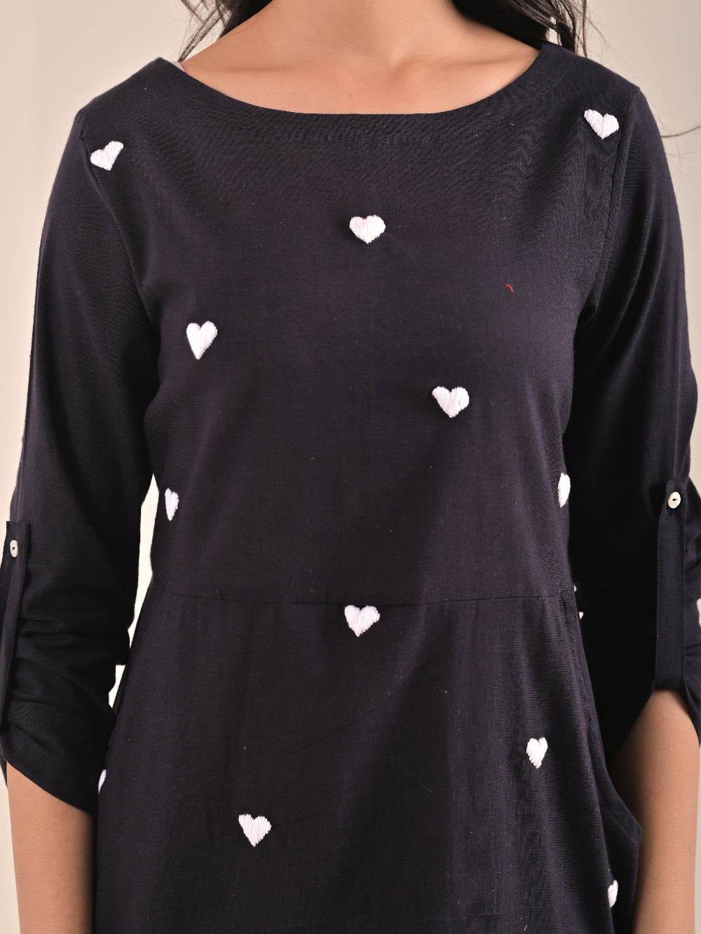 Black Cotton Linen hand embroidery Aline Dress