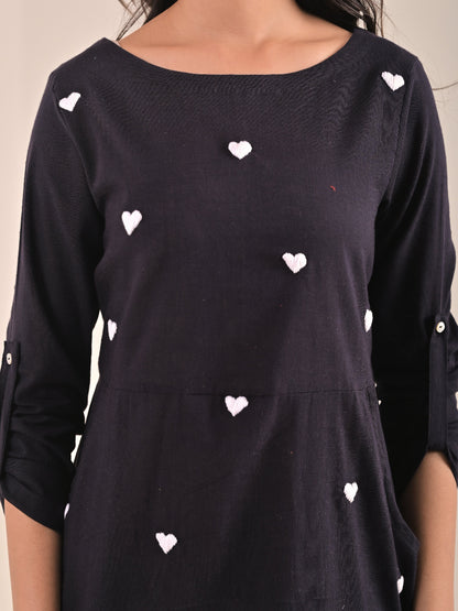 Black Cotton Linen hand embroidery Aline Dress