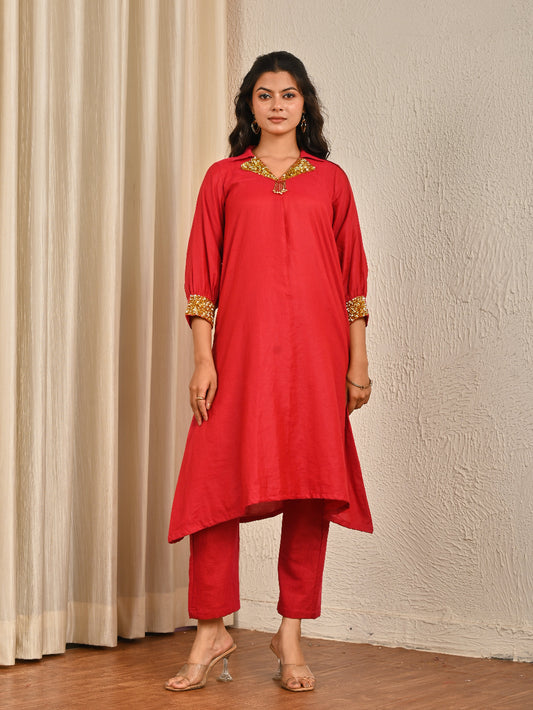 Maroon Sequence Work Mul Chanderi Kurta Set