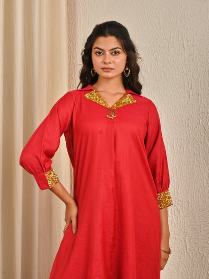 Maroon Sequence Work Mul Chanderi Kurta Set