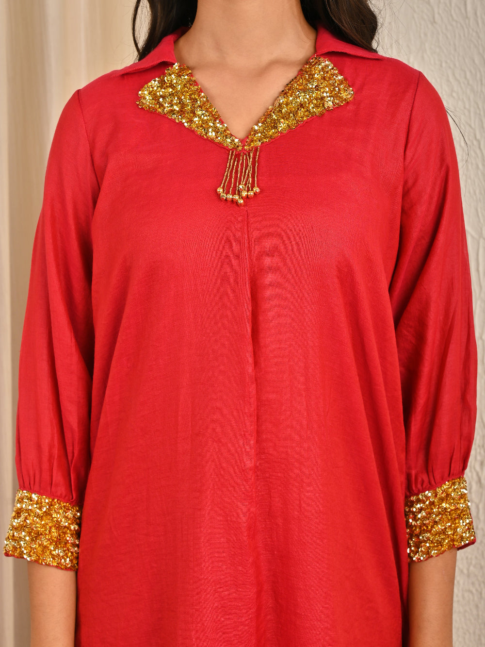 Maroon Sequence Work Mul Chanderi Kurta Set