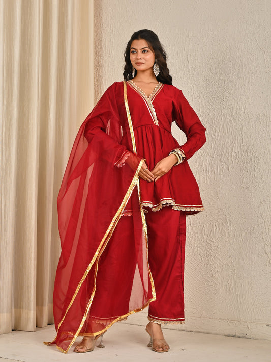 Cotton Silk Kurta Set With Organza Dupatta